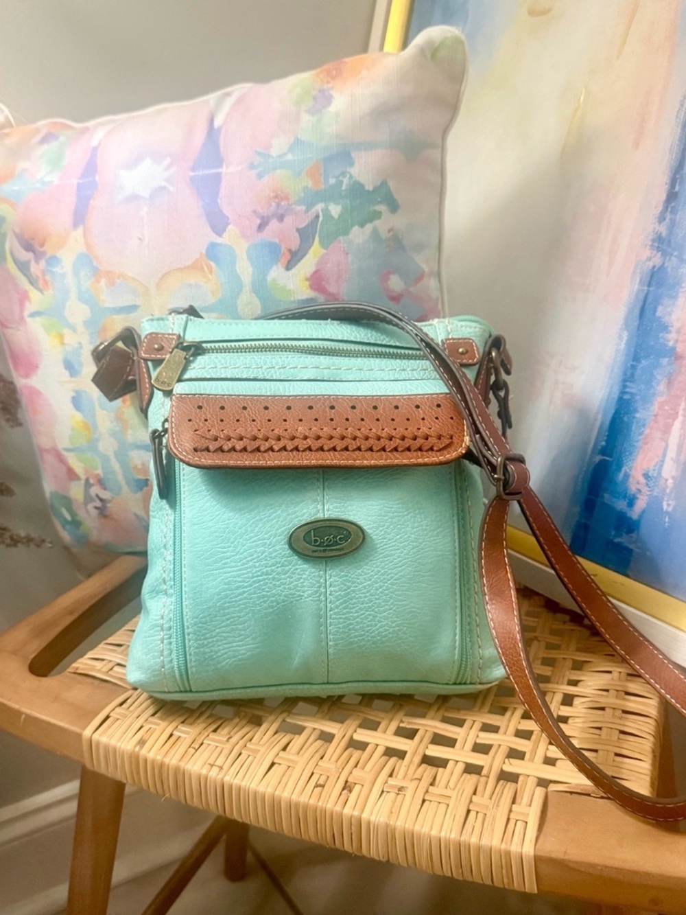 b.o.c. Mint Green Crossbody with Brown Trim and Adjustable Strap
